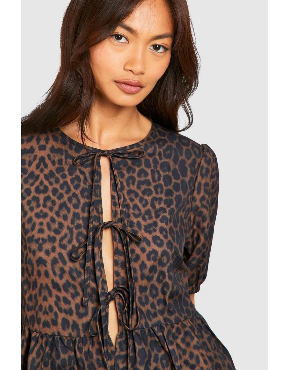 Leopard Puff Sleeve Bow Tie Top - 3