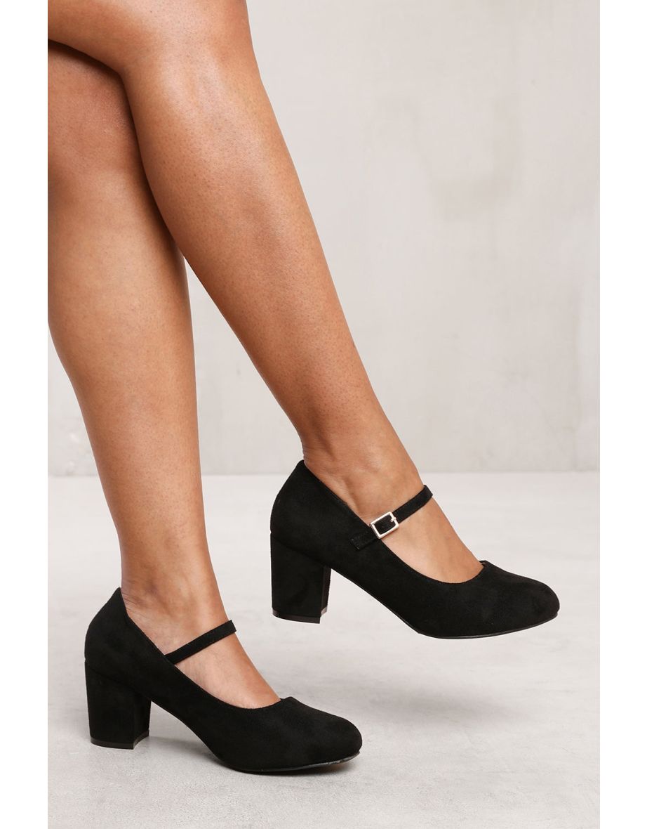 EFFIE BLOCK HEEL MARY JANE PUMPS IN BLACK SUEDE