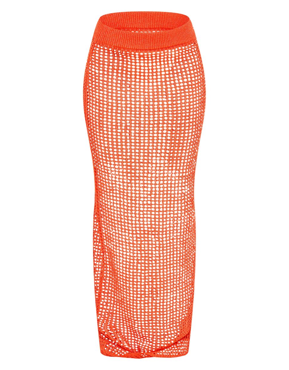 Coral Open Crochet Glitter Knit Maxi Skirt - 4