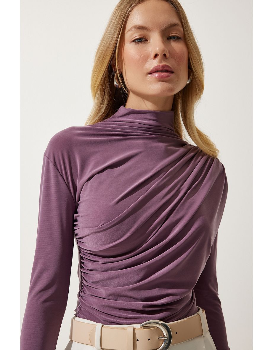 Women's Lilac Gathered Detailed High Neck Sandy Blouse