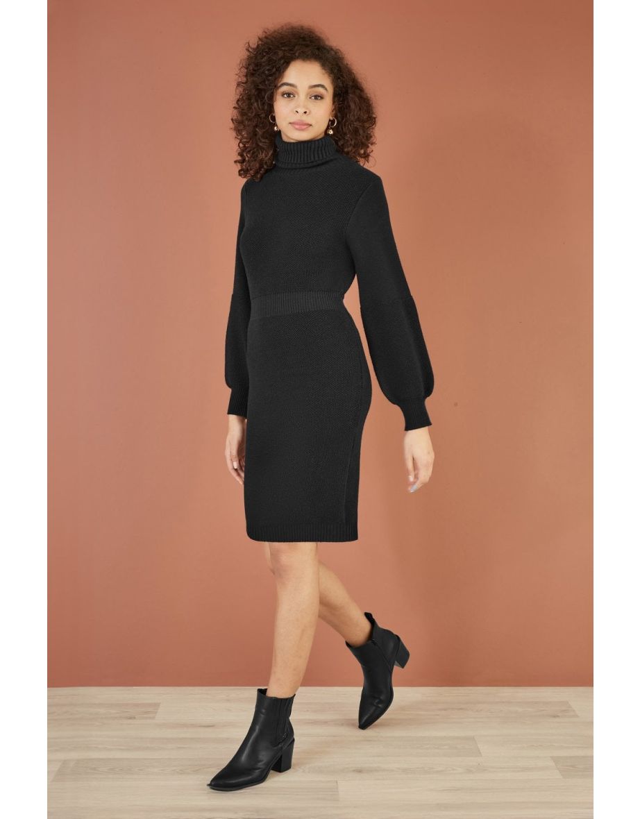 Yumi Black Roll Neck Knitted Dress With Fitted Waist