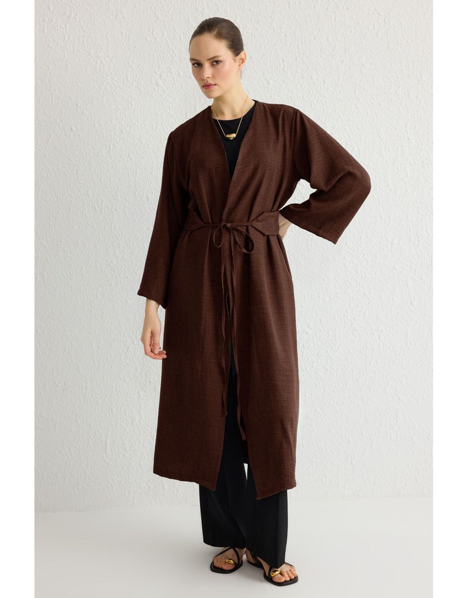 Brown Waist Tie Detailed Linen Look Woven Kimono & Kaftan