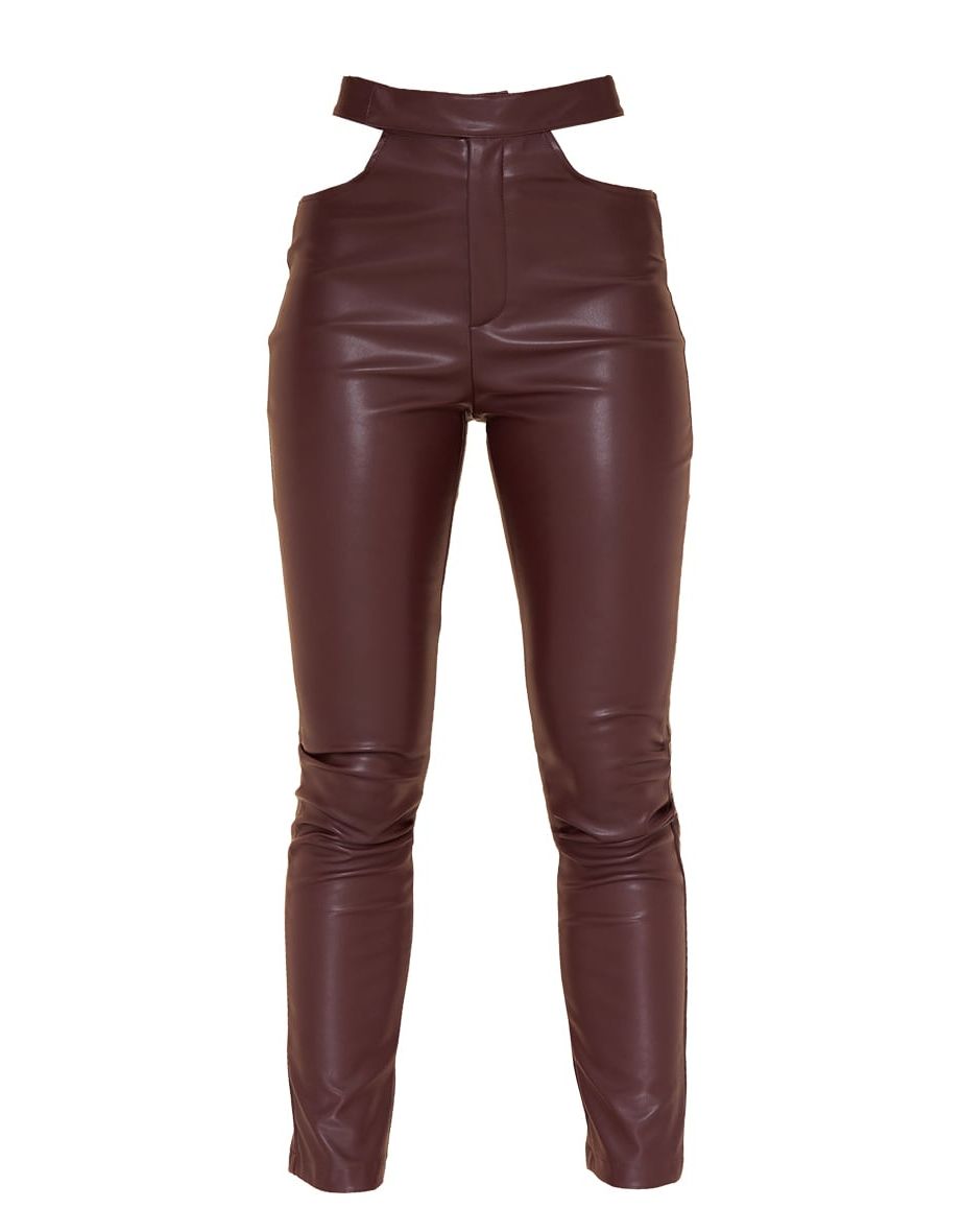 Dark Chocolate Faux Leather Cut Out Detail Skinny Trousers - 4
