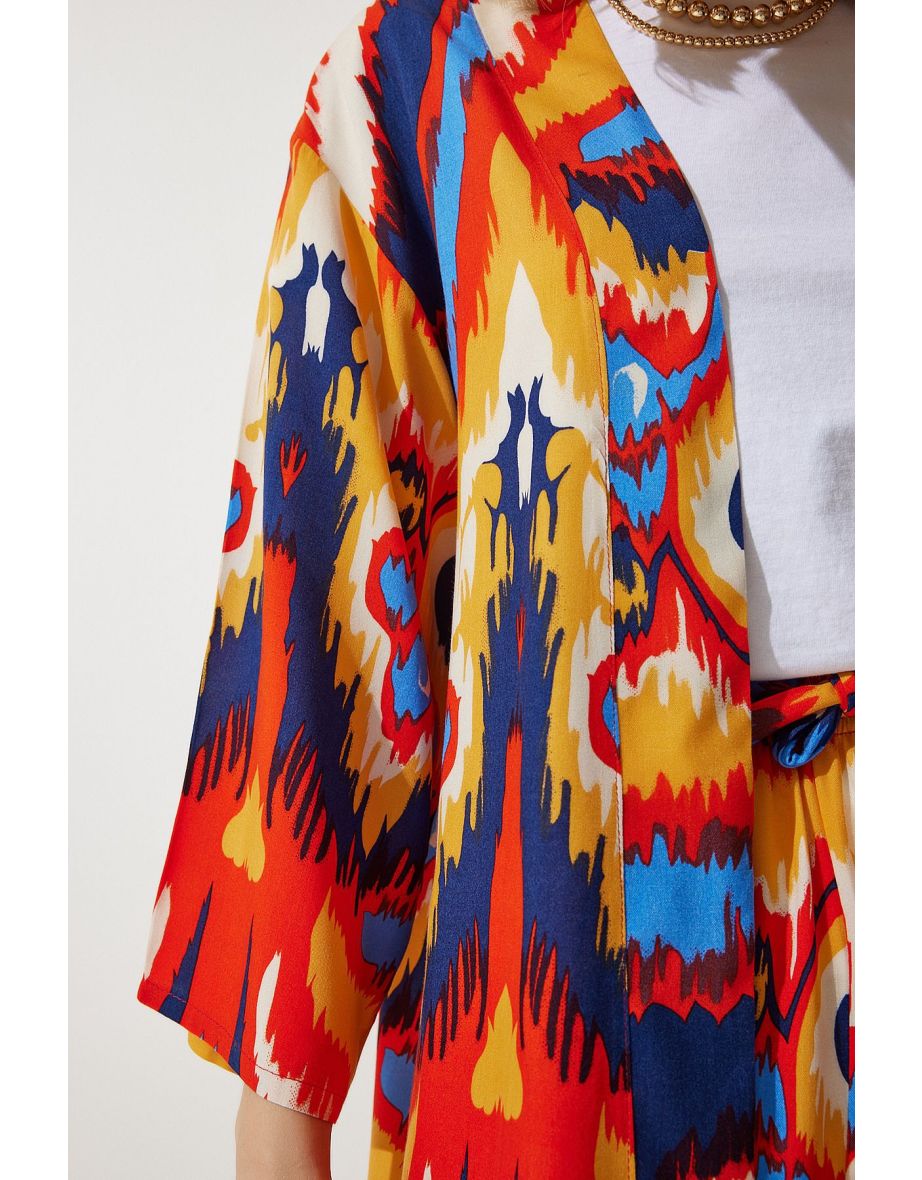 Women's Orange Patterned Kimono Palazzo Trousers Set - 9