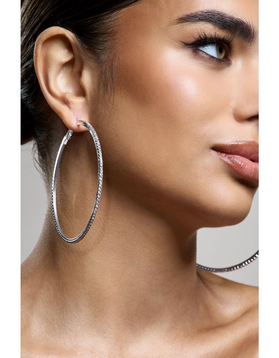 Amika | Silver Diamante Thin Hoop Earrings - 3