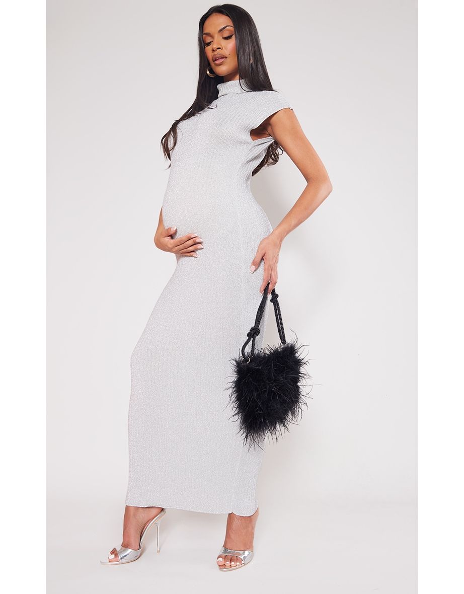 Maternity Metallic Silver Knit High Neck Maxi Dress