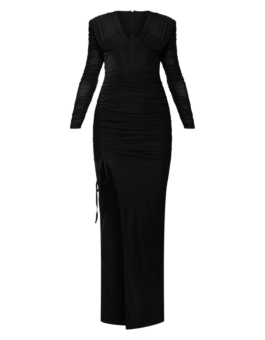 Black Underwire Detail Ruched Mesh Midaxi Dress - 4