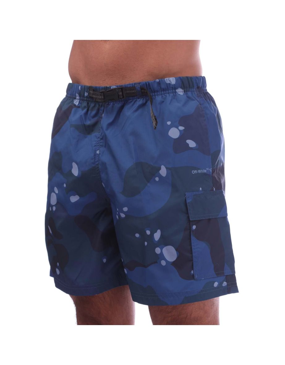 Men's Off White Camo Packable Belt Cargo Swim Shorts in Blue