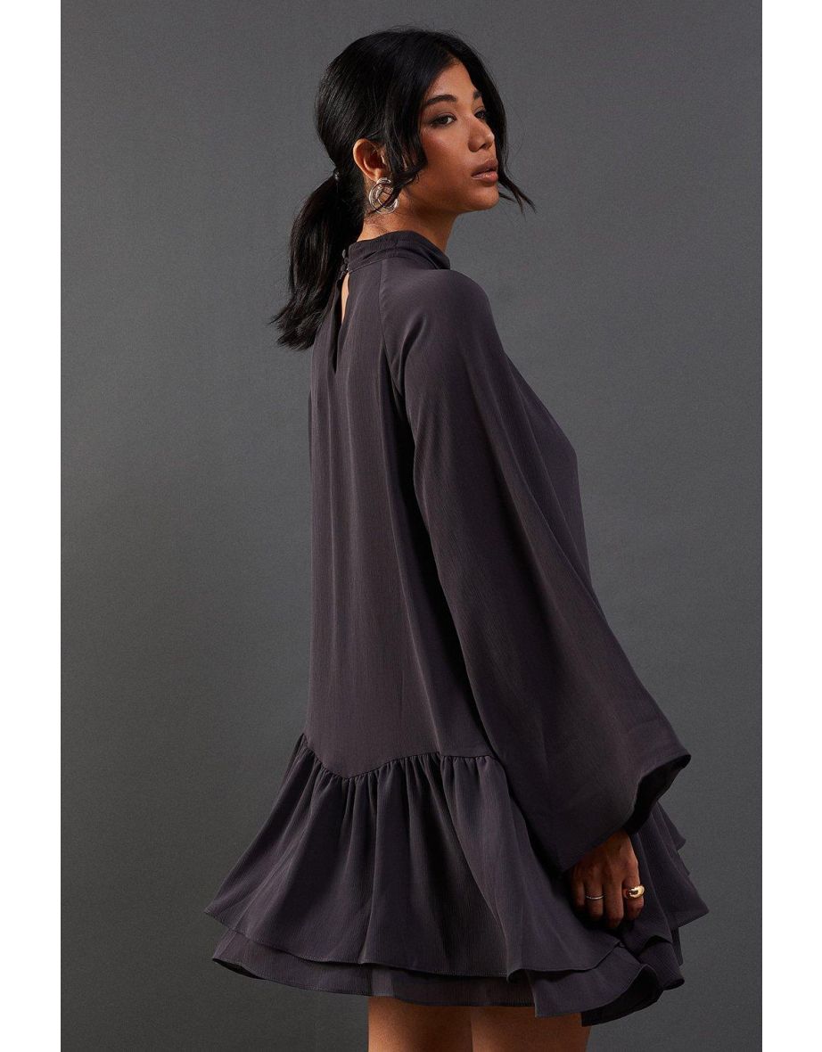 Chiffon Drop Hem High Neck Flare Sleeve Mini Swing Dress - 3