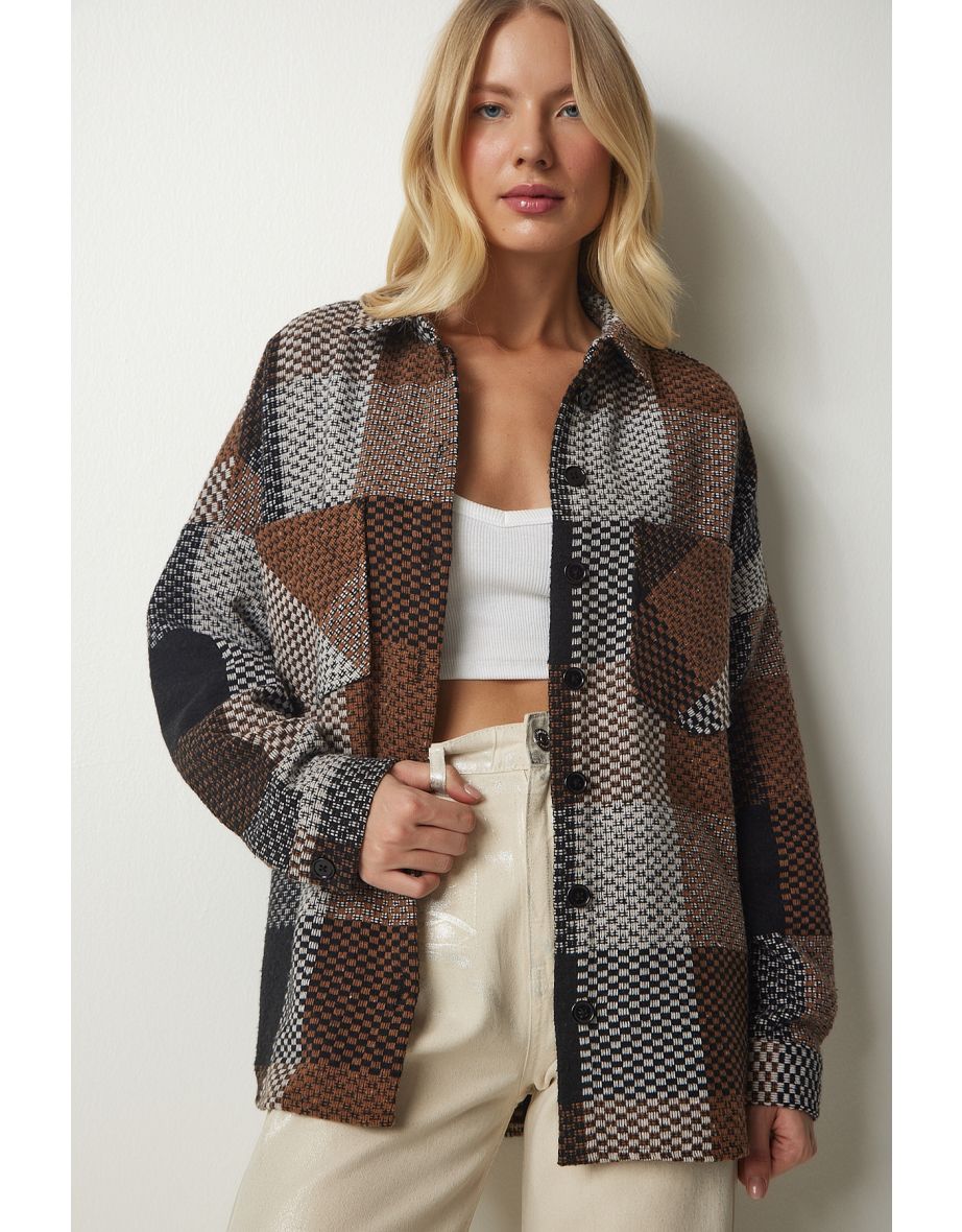 Women's Brown Ecru Patterned Oversized Stamp Lumberjack Shirt