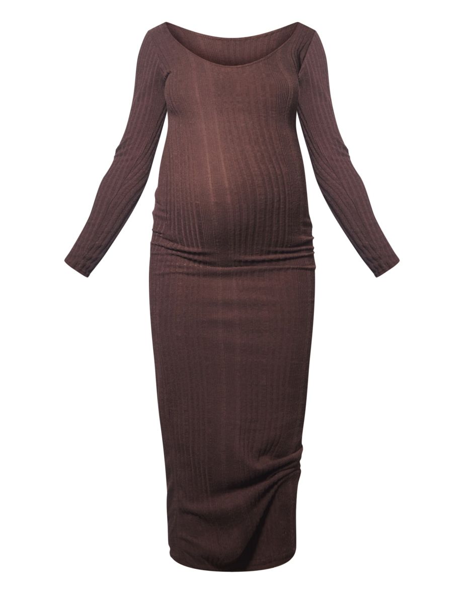 Maternity Chocolate Rib Knit Long Sleeve Maxi Dress - 4