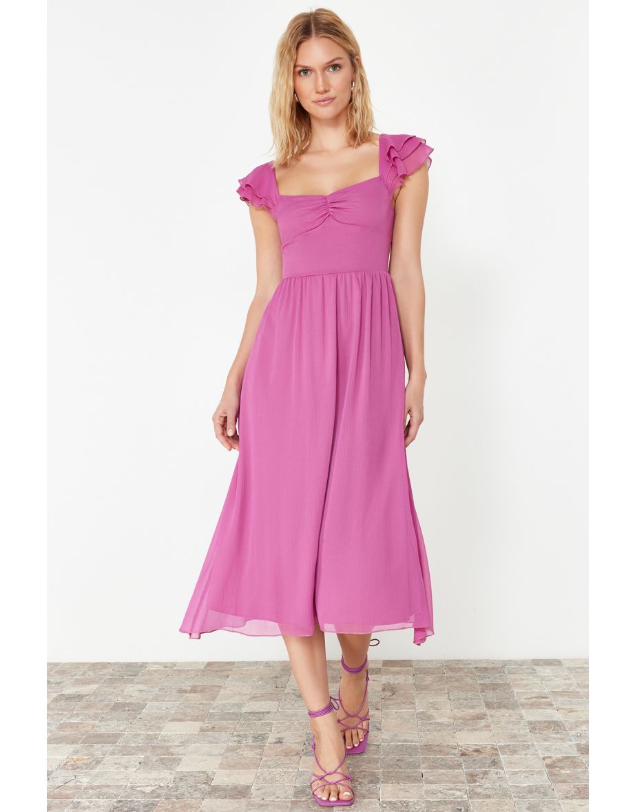 Fuchsia Waist Opening Chiffon Lined Midi Woven Dress