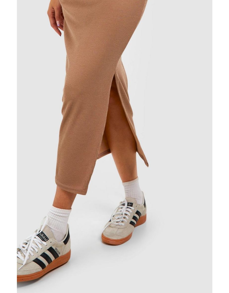 Ribbed Side Split Midaxi Skirt - mocha - 3