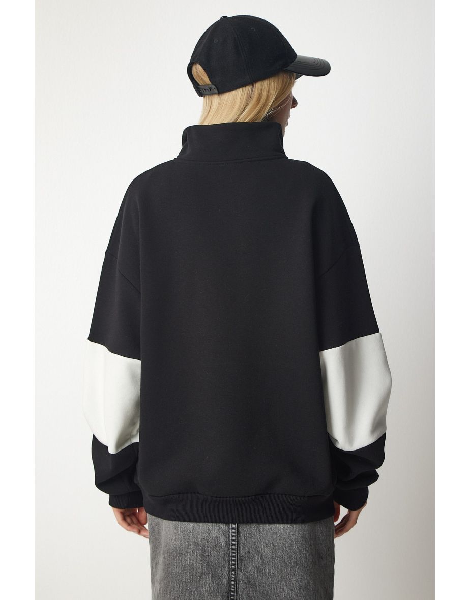 Women's Black and White Color Block Print Oversized Sweatshirt - 4