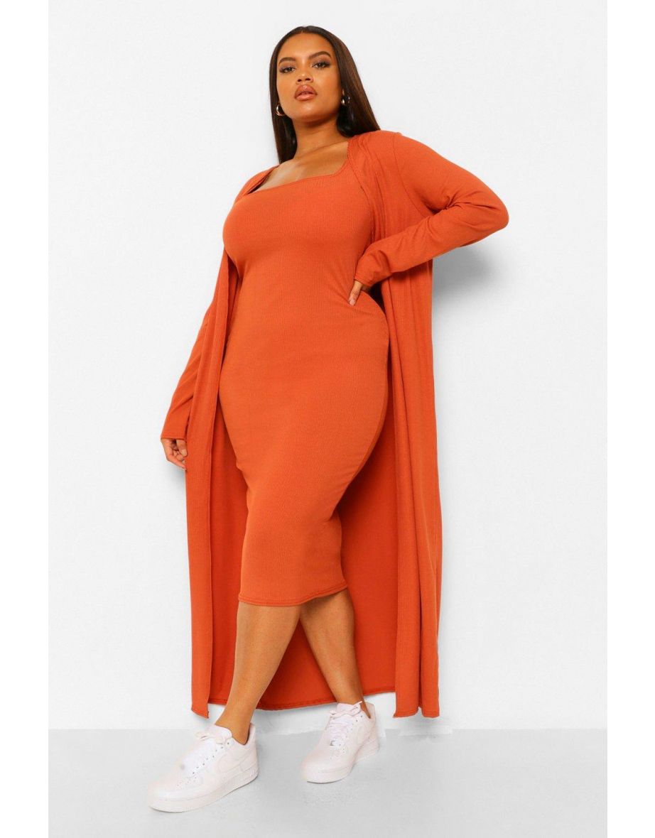 Plus Rib Midi And Kimono Dress - rust - 3