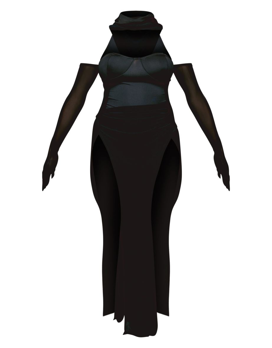 Shape Black Mesh Hooded Bodysuit Insert Gloved Floor Length Dress