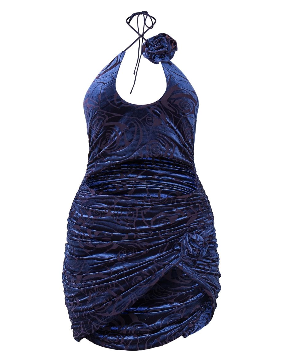 Dark Blue Printed Devore Rose Applique Cut Out Ruched Mini Dress - 4