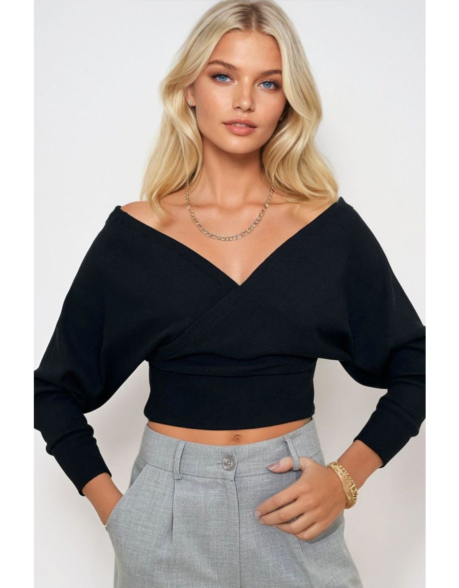 Women's Black Front Back V-Neck Double Breasted Blouse