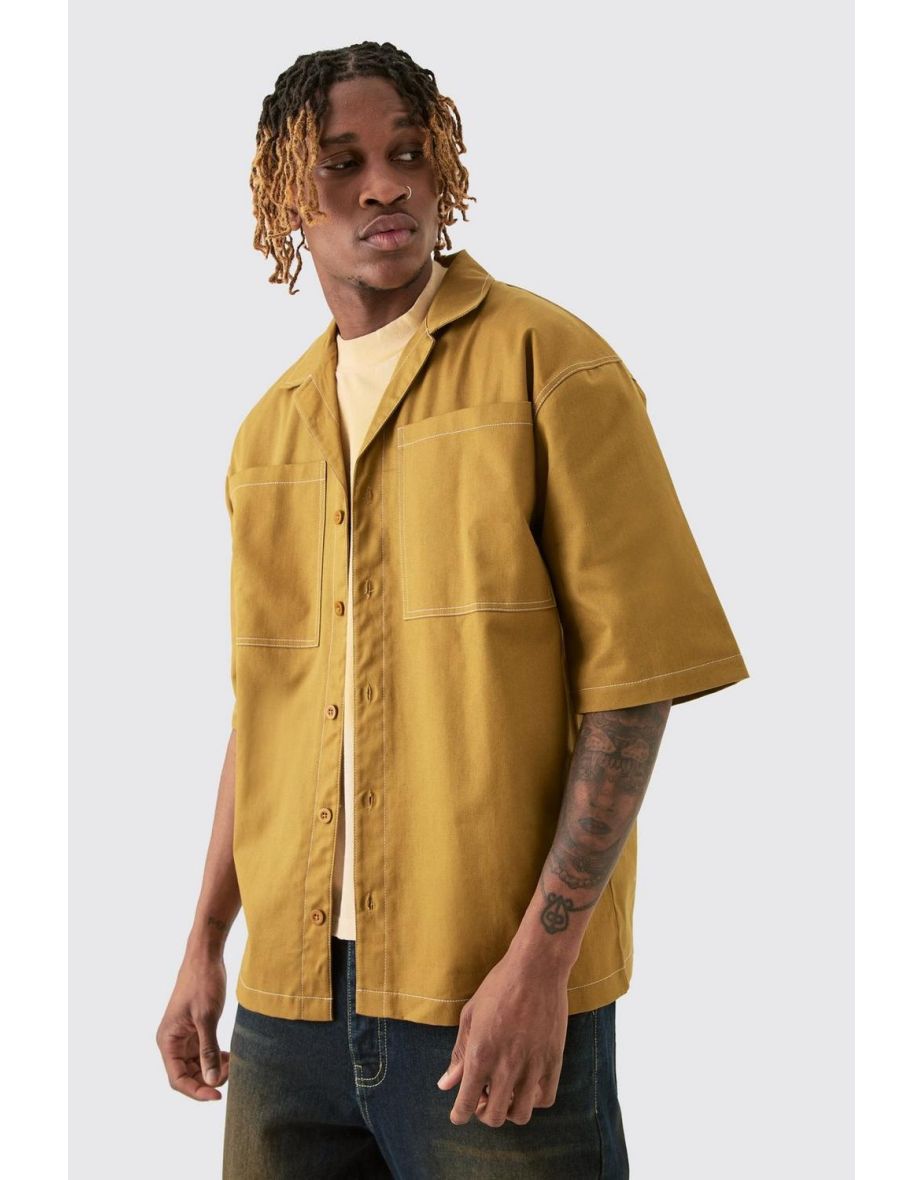 Tall Twill Drop Revere Contrast Stitch Shirt - brown