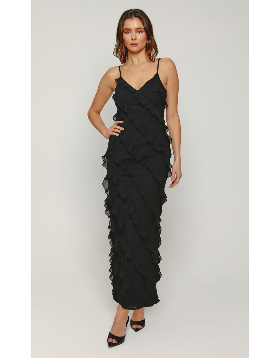 Black Frill Detail Maxi Dress