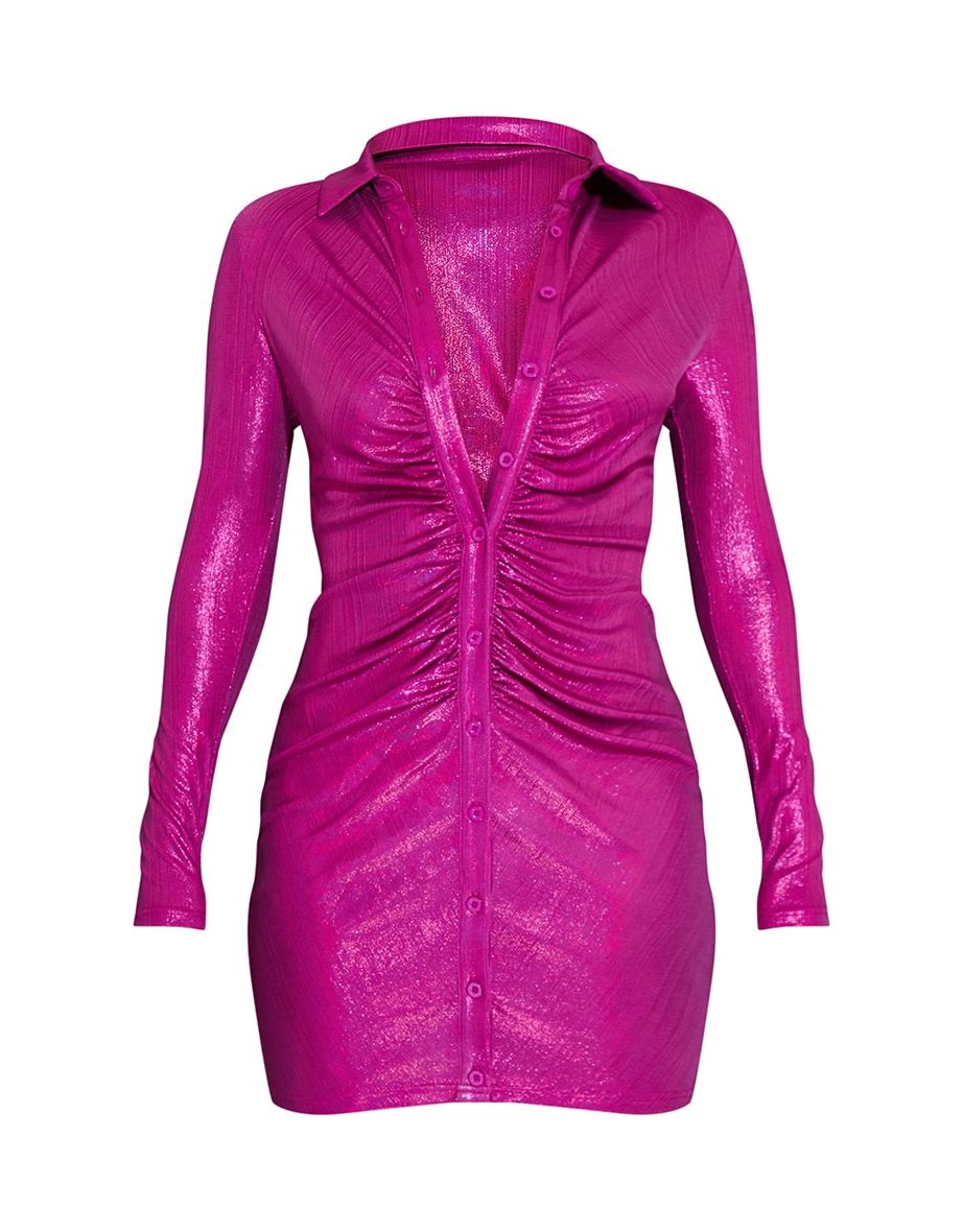 Hot Pink Metallic Long Sleeve Ruched Shirt Dress - 3