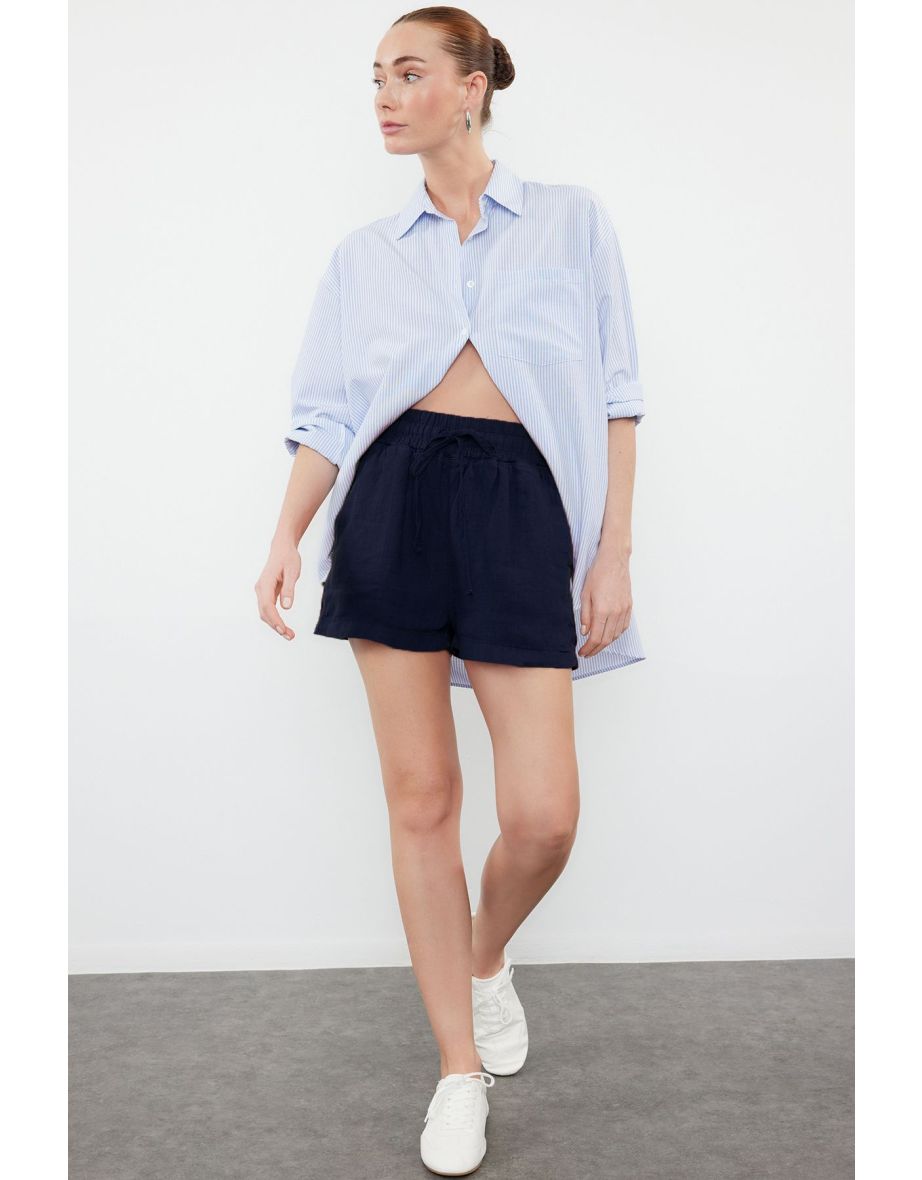 Navy Blue 100% Linen Elastic Waist High Waist Shorts