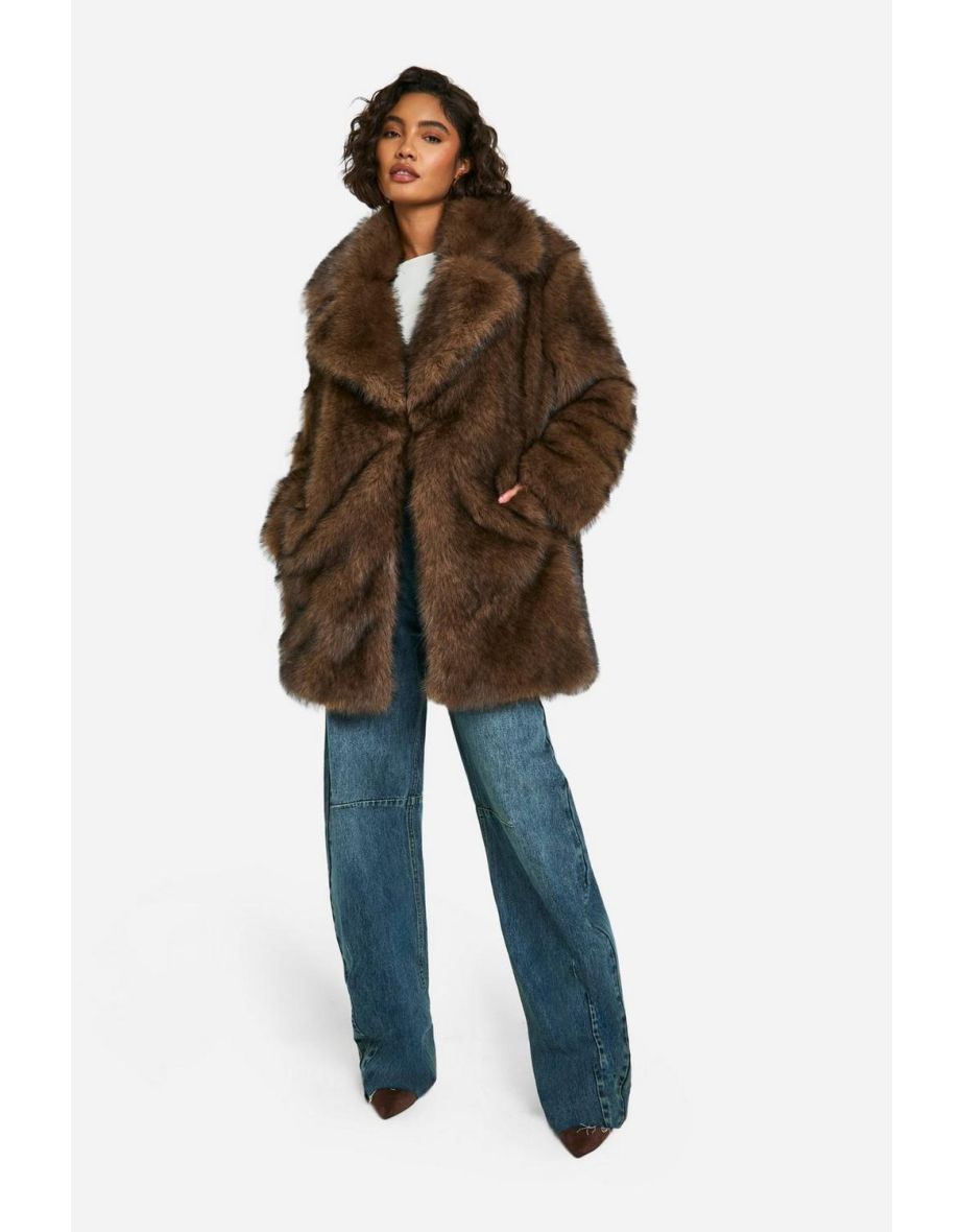 Tall Longline Vintage Look Faux Fur Coat - chocolate