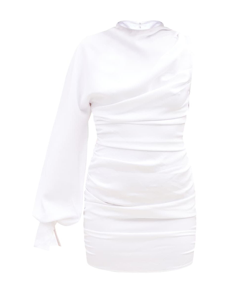فستان ضيق مزموم بكم واحد - أبيض - 4