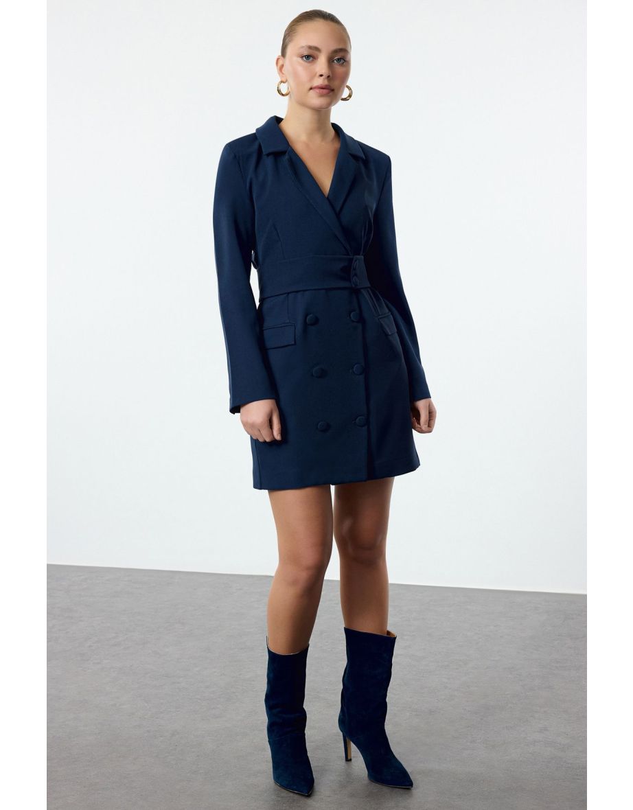 Indigo Belted Plain Belted Mini Woven Dress