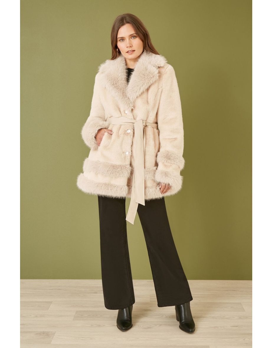 Yumi Cream Luxe Faux Fur Swing Coat With Tie Belt