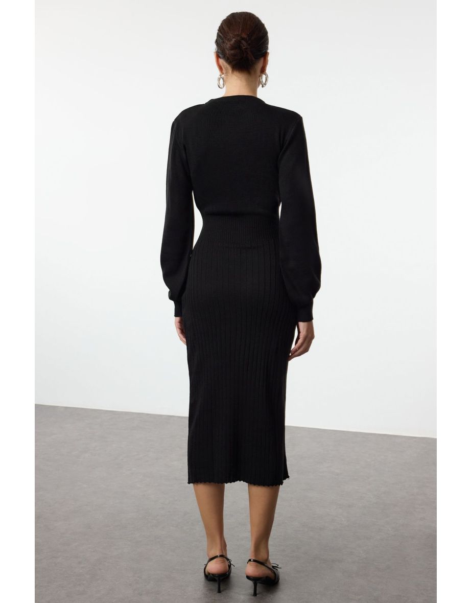 Black Midi Knit A-Line Form Fit Dress - 4