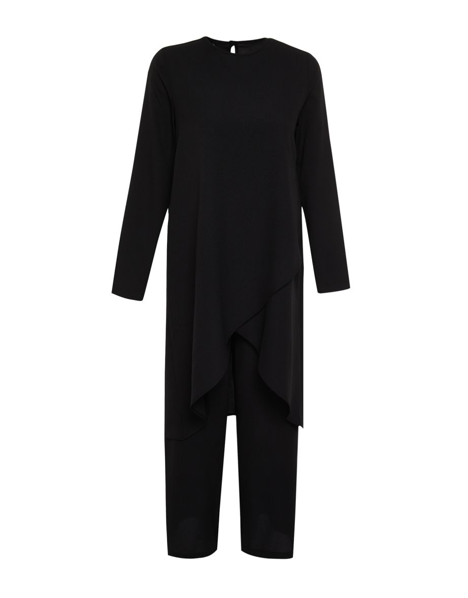 Black Asymmetric Woven Tunic Trousers Two Piece Set - 7