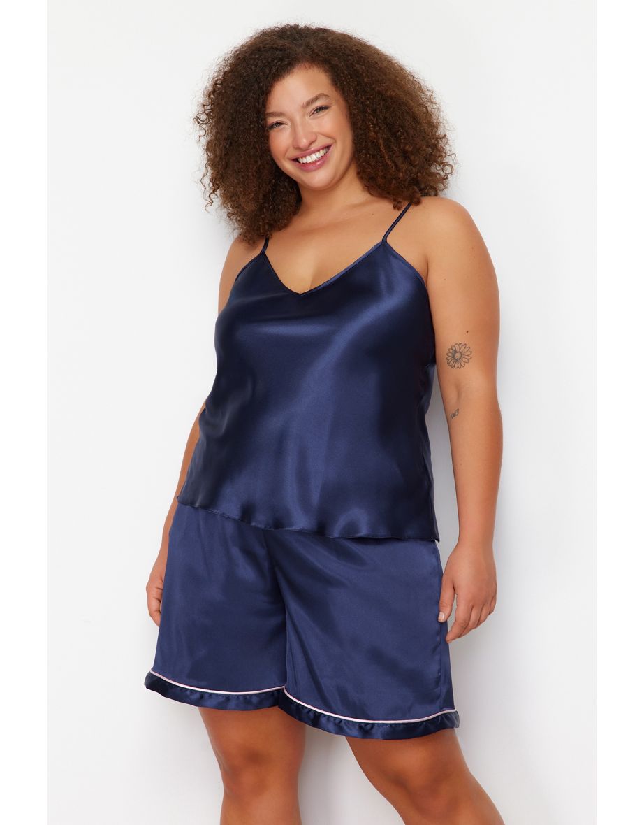 Navy Blue Satin Piping Woven Pajamas Set