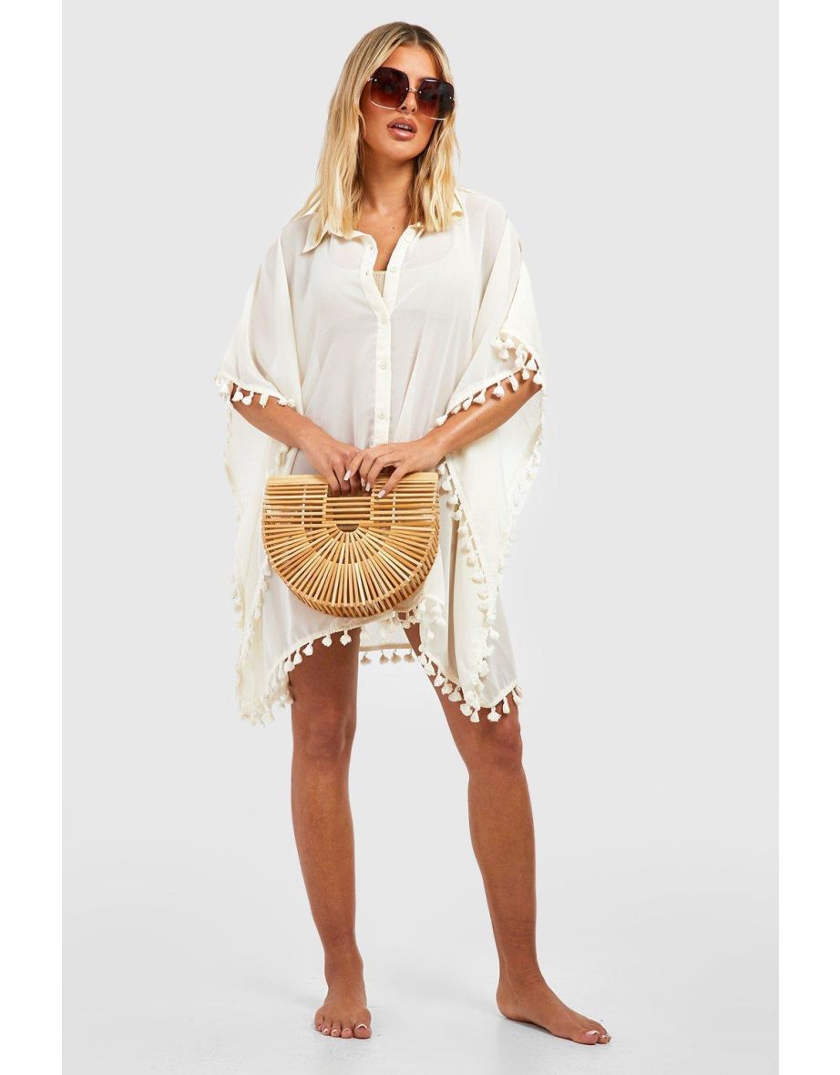 Tassels Longline Beach Shirt - stone - 3