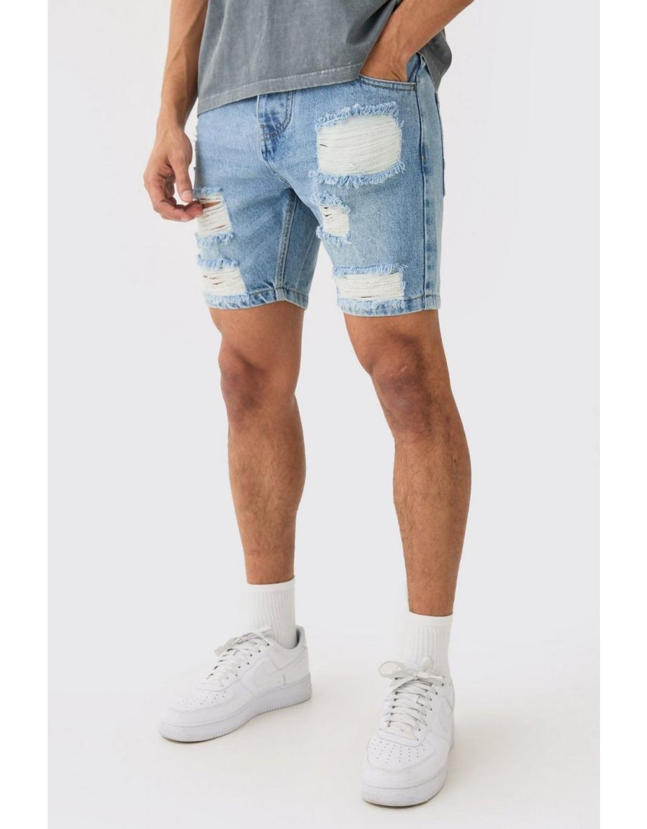 Skinny Ripped Denim Shorts In Light Blue