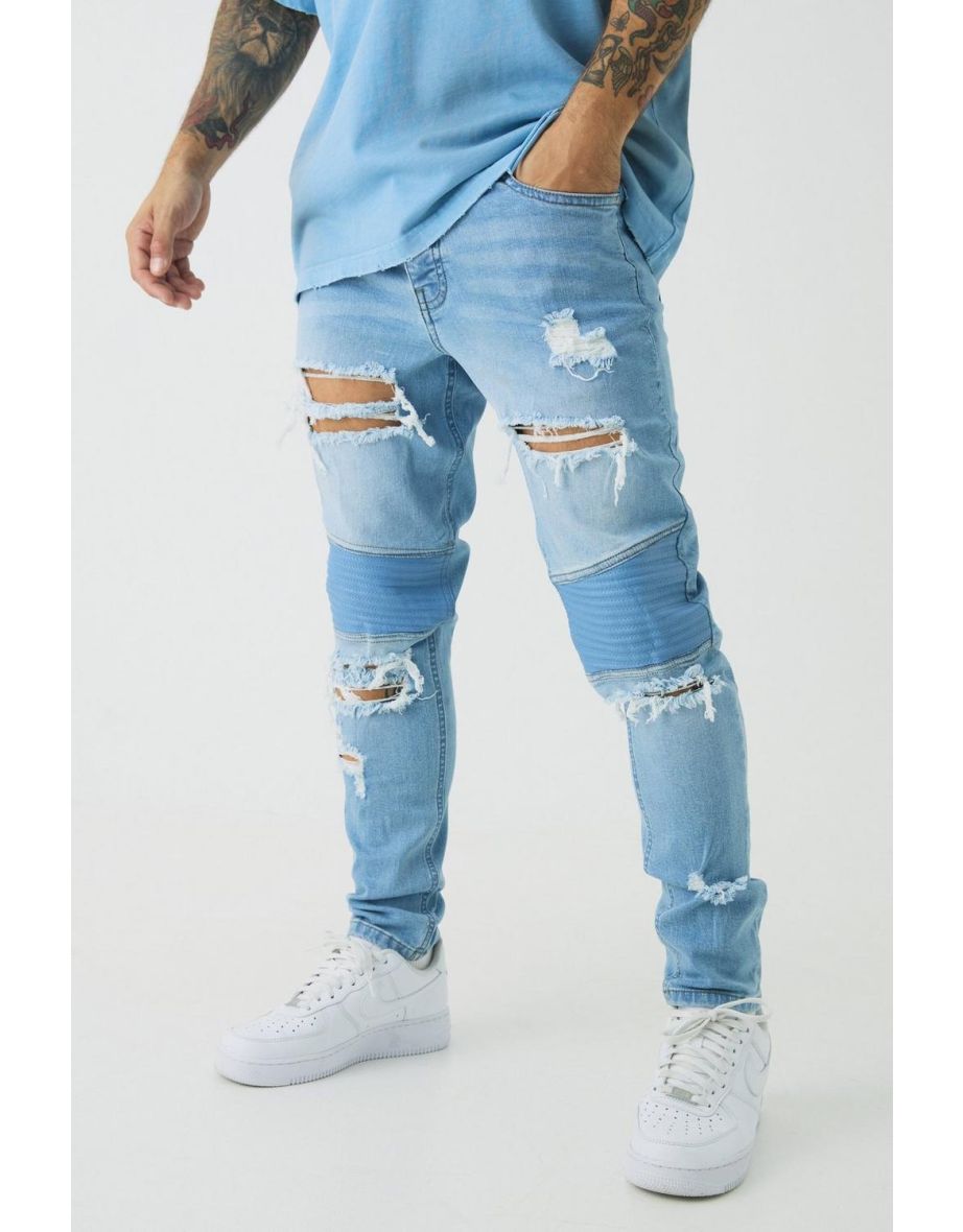Skinny Distressed Raw Hem Biker Jeans - light blue