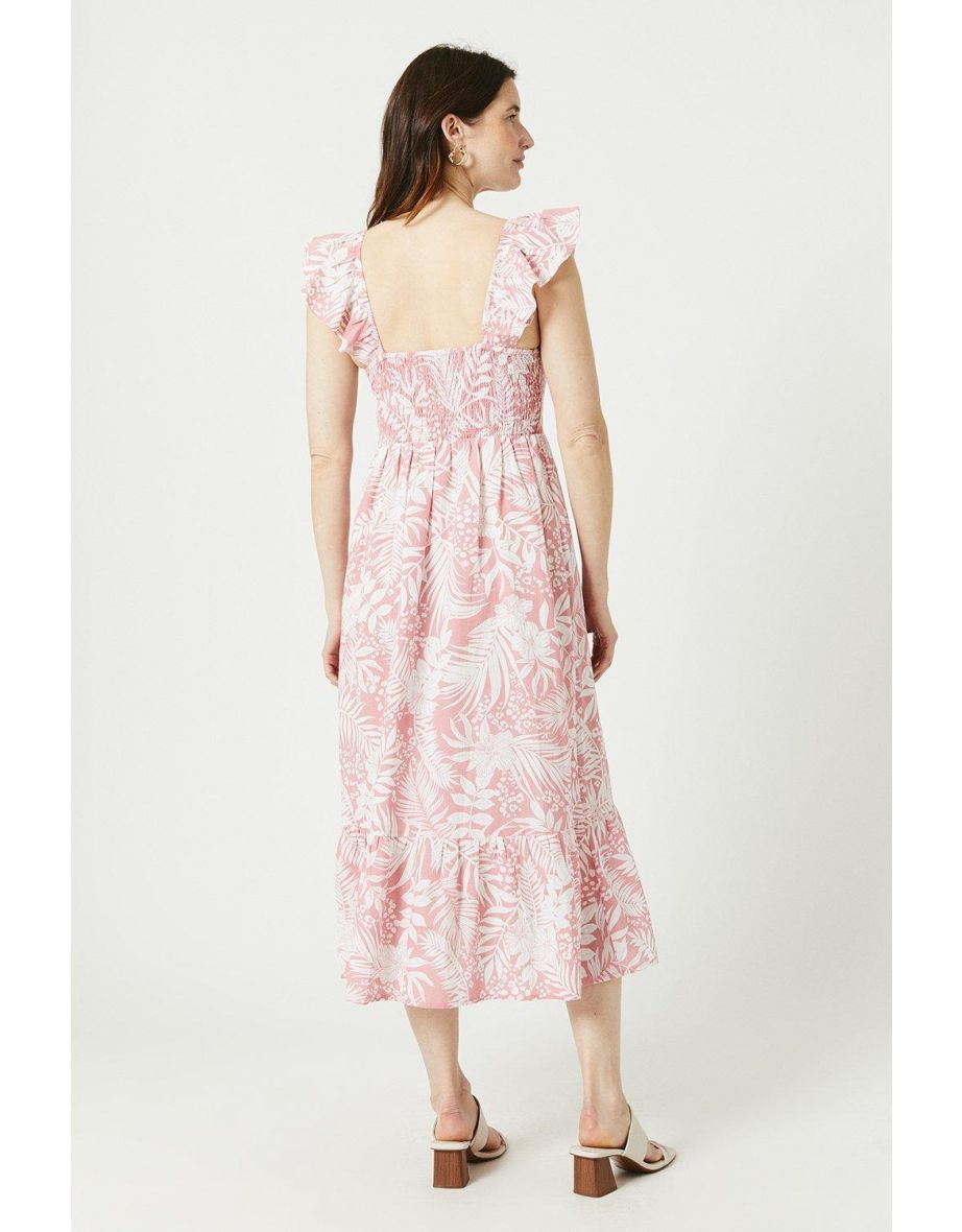 Palm Printed Tiered Midi Dress - pink - 2