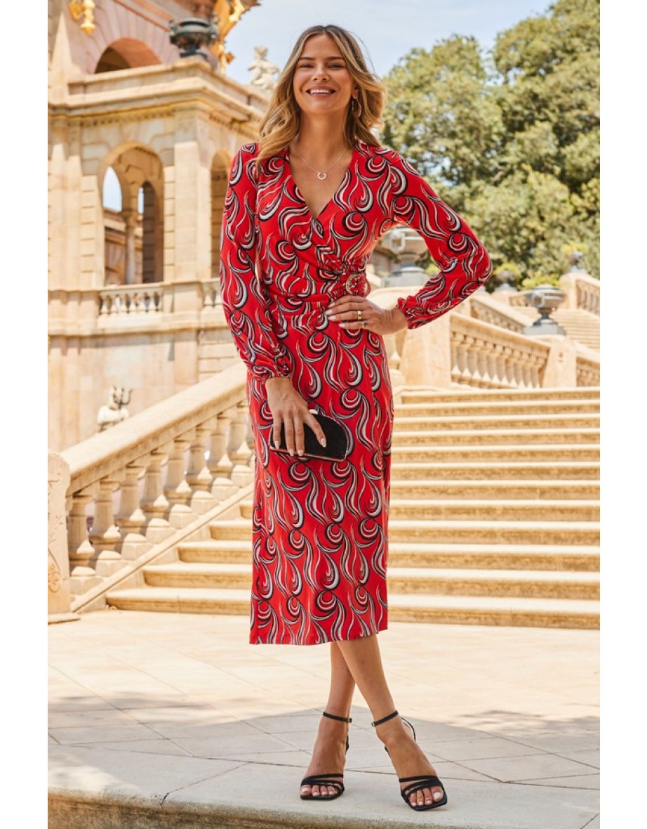 Shop Red Geometric Print Hoop Detail Jersey Wrap Dress Online in Oman VogaCloset