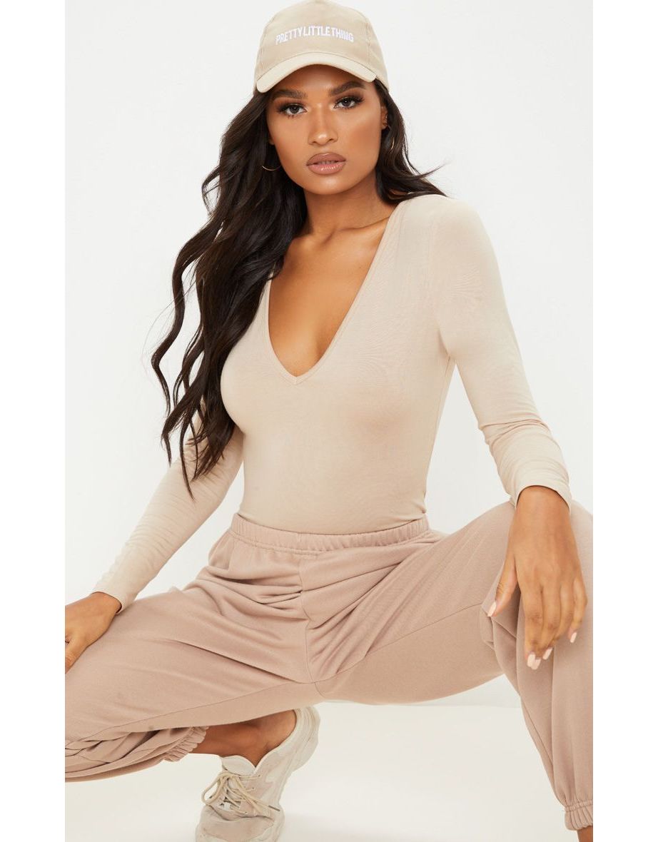 Basic Sand V Neck Long Sleeve Jersey Bodysuit