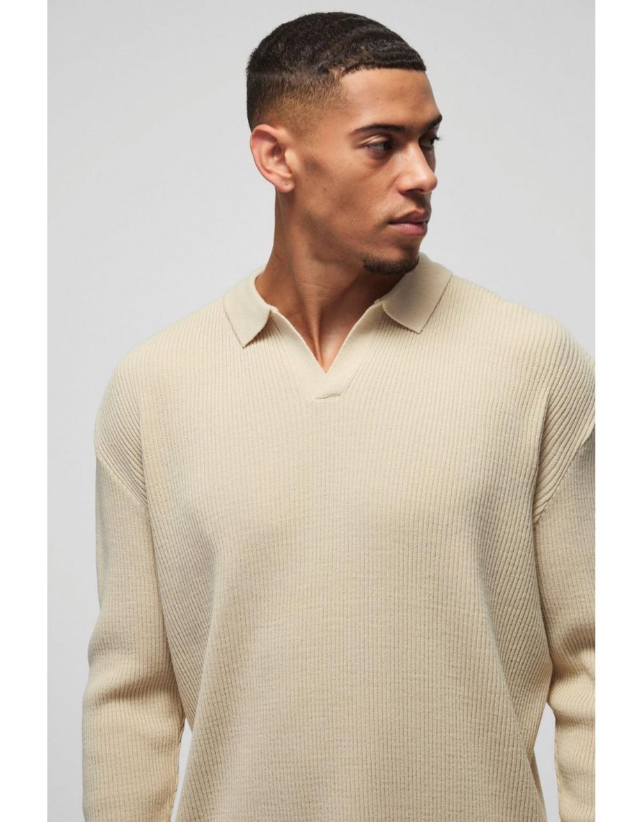 Oversized Ribbed Revere Neck Knitted Polo Sweater - stone - 2