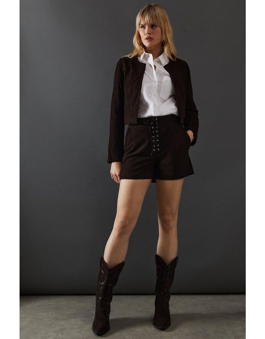 Real Suede Lace Up Whipstitch Short