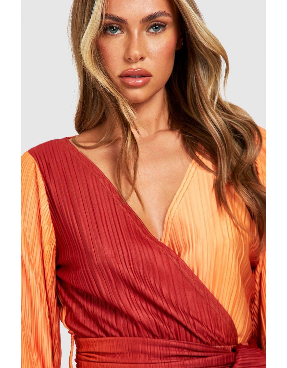Plisse Ombre Extreme Sleeve Skater Dress - orange - 3