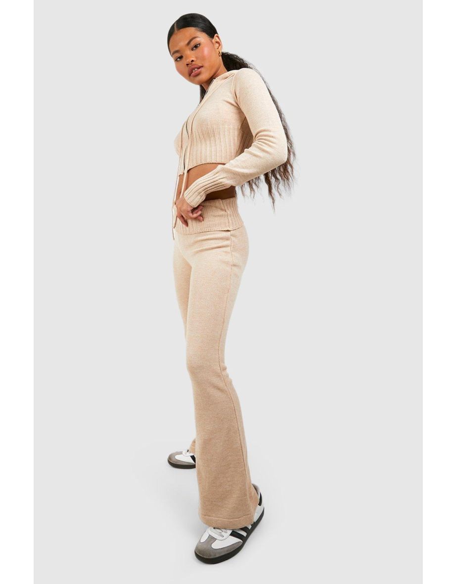 Petite Knitted Fold Over Waist Flares - stone