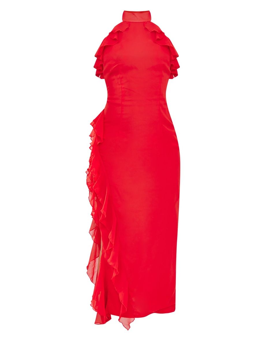 Red High Neck Frill Split Hem Midaxi Dress - 4