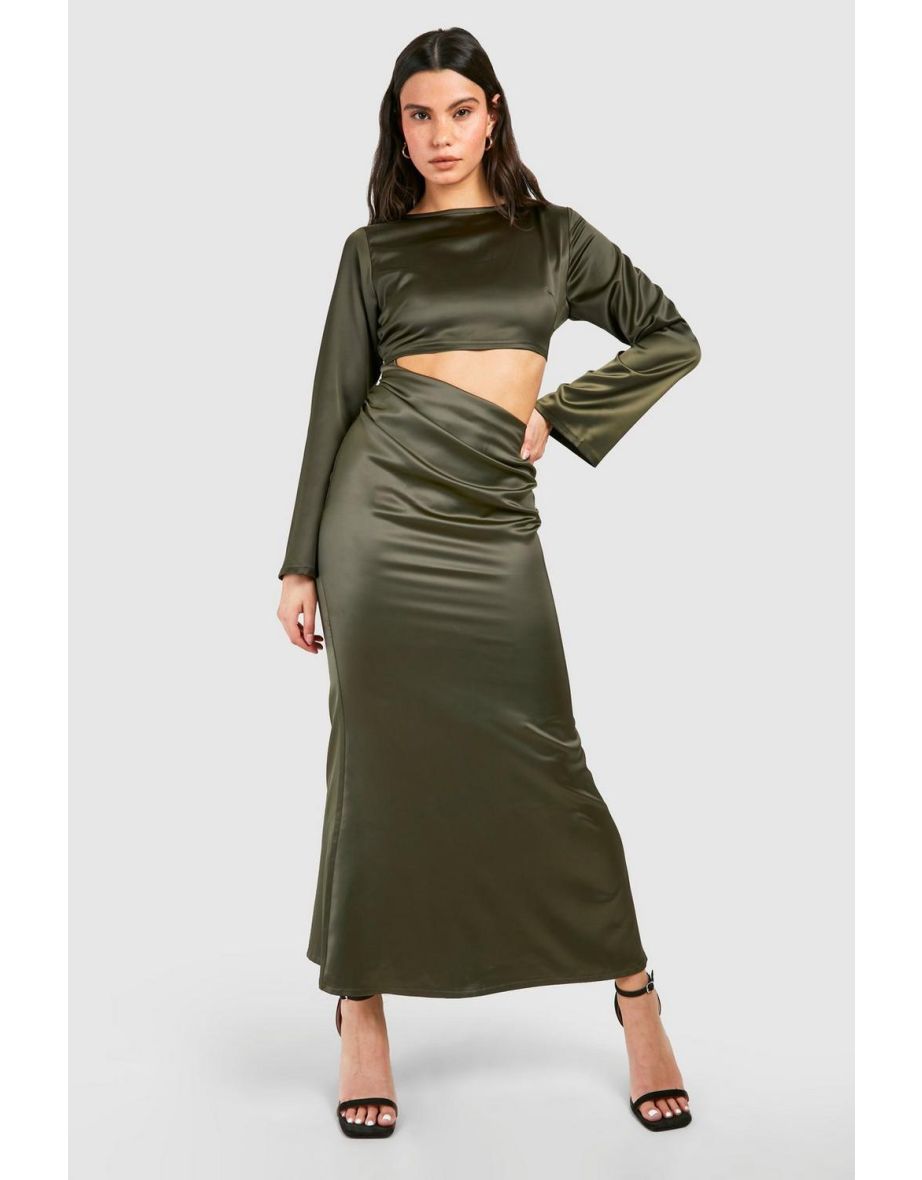 Satin Cut Out Long Sleeve Maxi Dress - khaki