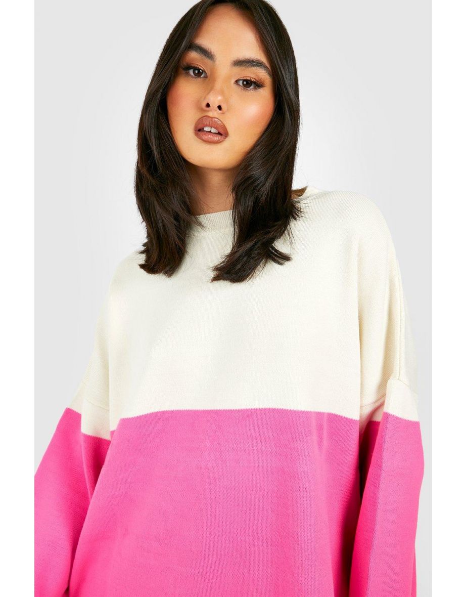 Spliced Crew Neck Knitted Jumper - pink - 3