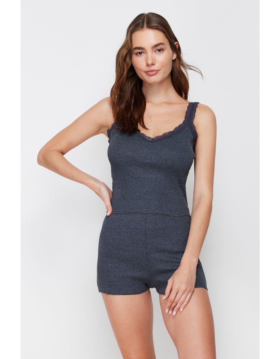 Anthracite Solid Camisole Knitted Pajamas Set
