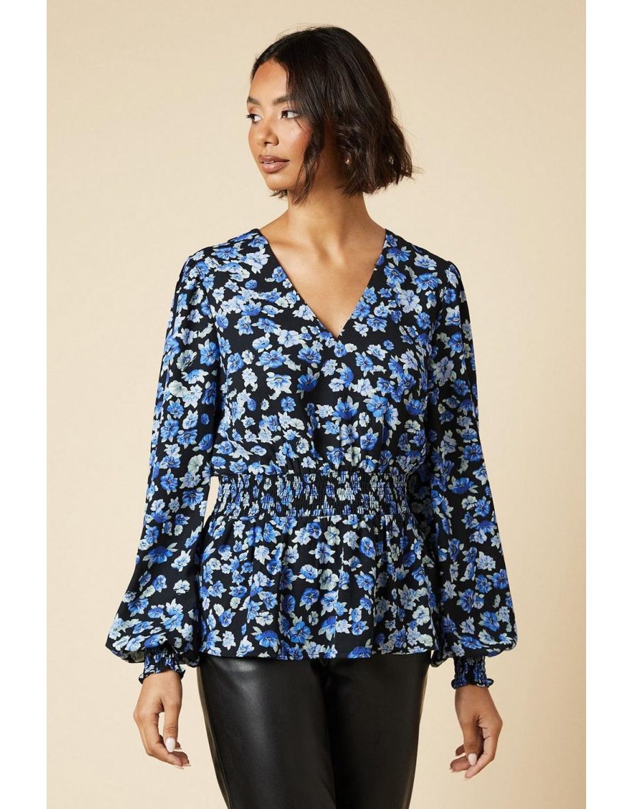 Tall Blue Floral V Neck Shirred Waist Blouse - 3