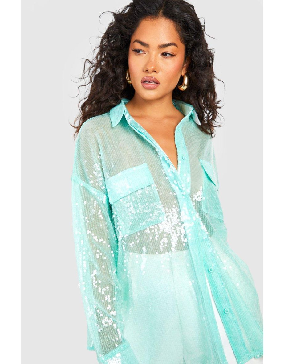 Oversized Pocket Detail Sequin Shirt - sage - 3