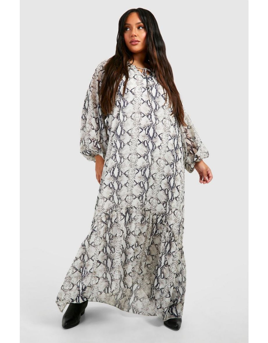 Plus Chiffon Snake Tie Neck Midaxi Smock Dress - black